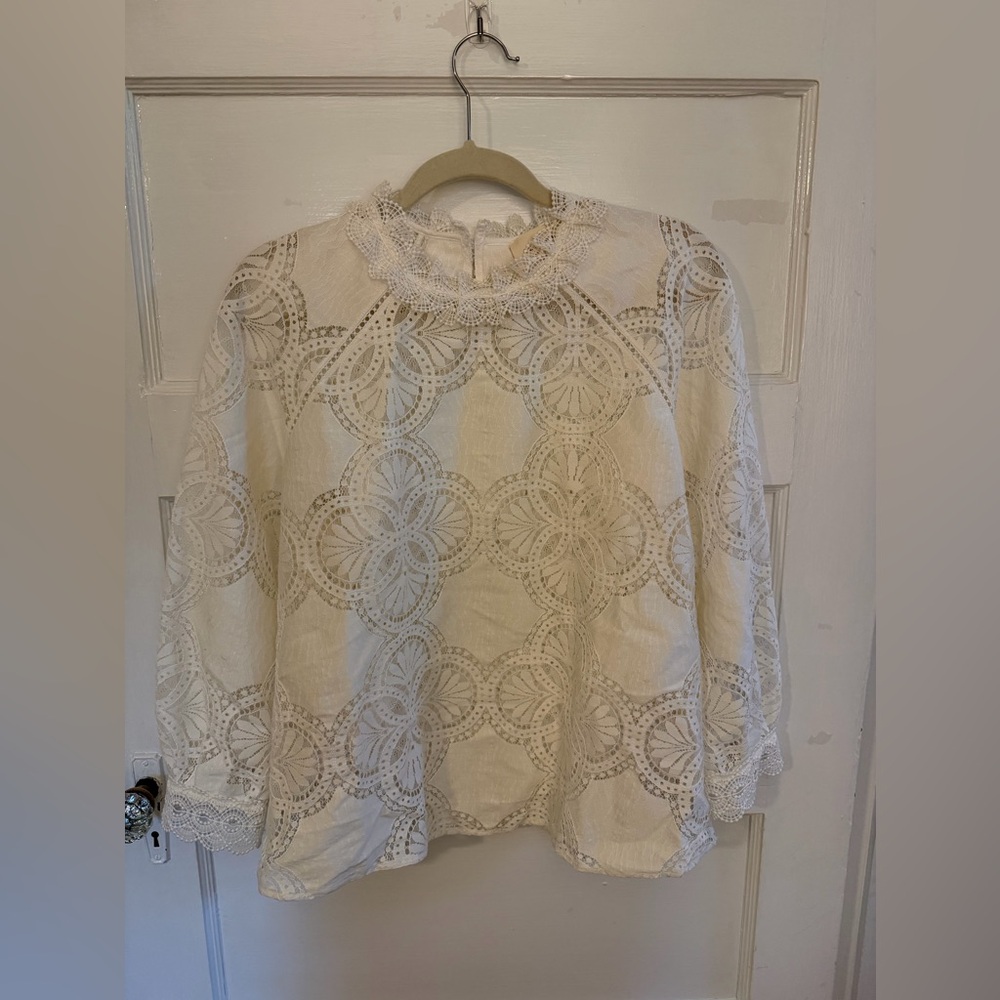 Sezane Eyelet Cutwork Lace Blouse in Cream